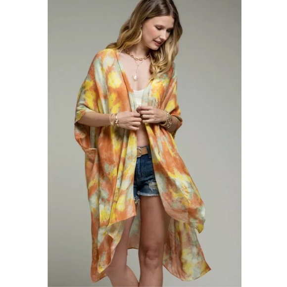 Sunrise Watercolor Tie Dye Boho Kimono Wrap Top - Picture 2 of 5